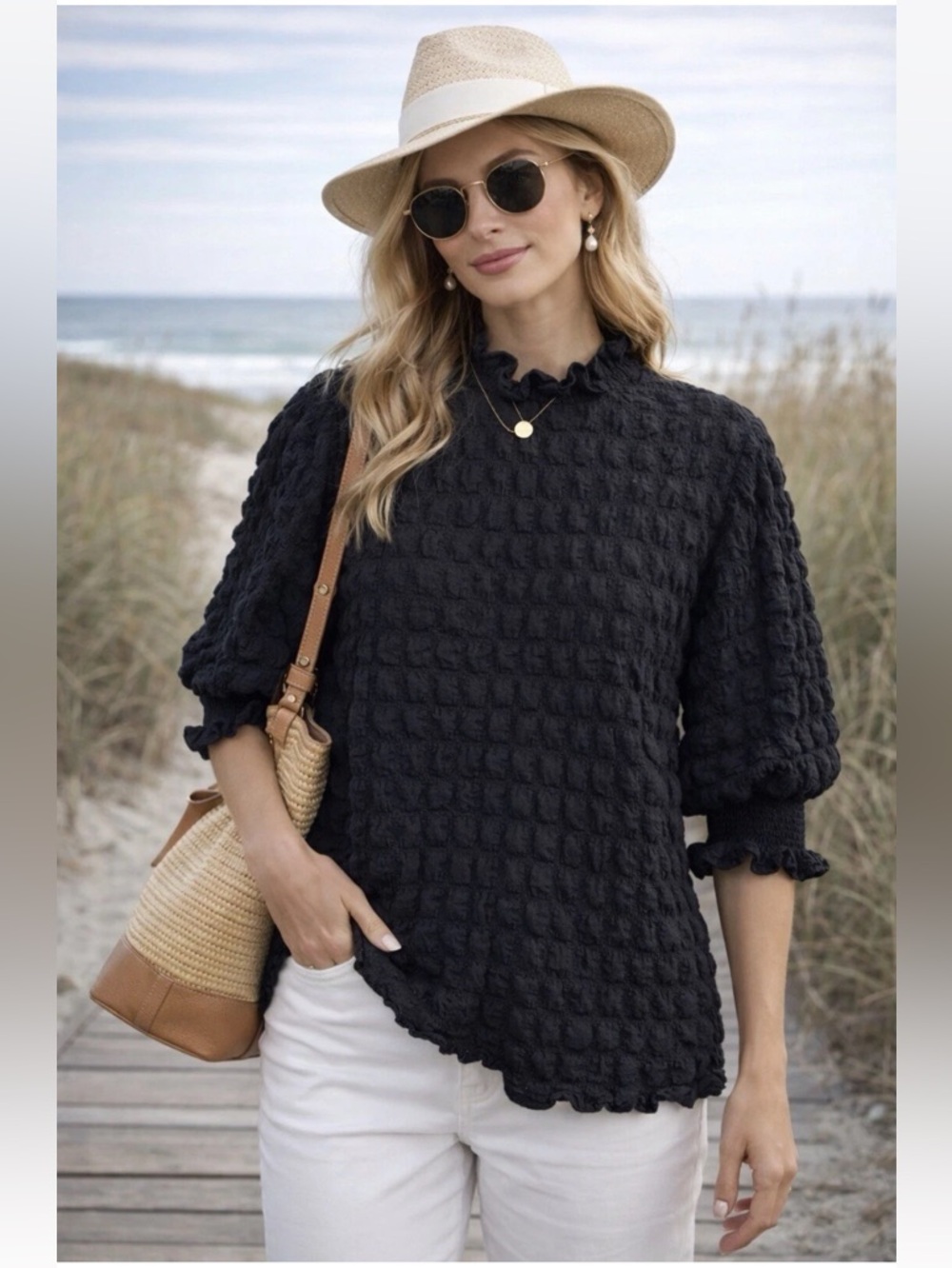 Simply Southern Black Textured Ruffle Neck & Sleeve Top